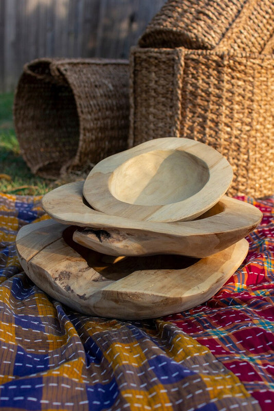 Set Of Three Rustic Teak Bowls
